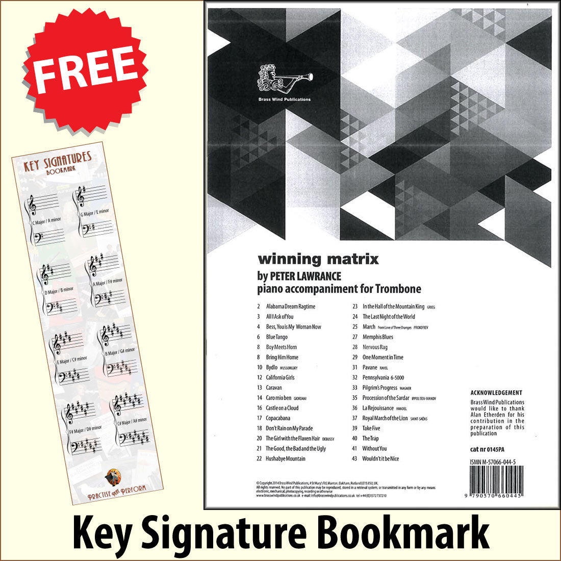 front cover of Winning Matrix Piano Accompaniment for Trombone together with free Piano Clef bookmark