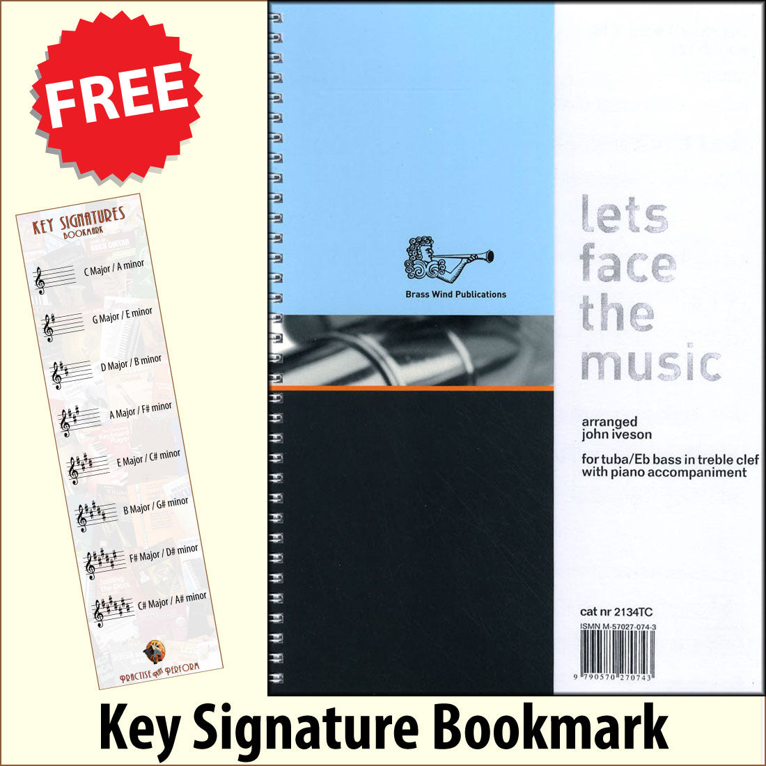 front cover of Lets Face The Music for Tuba/Eb Bass Treble Clef together with free Treble Clef bookmark