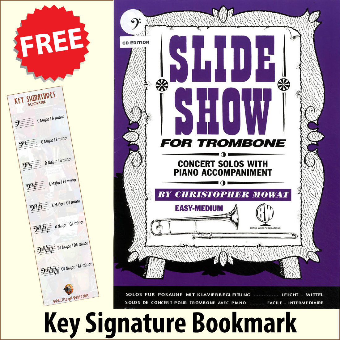 front cover of Slide Show for Trombone Bass Clef Book/CD by Christopher Mowat together with free Bass Glef bookmark