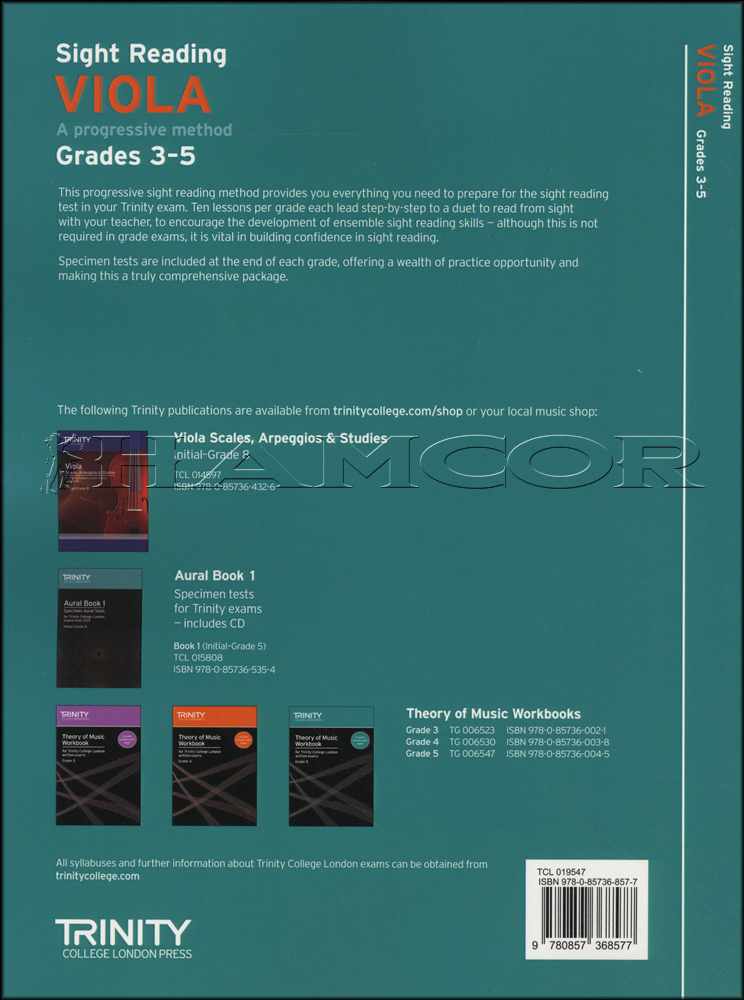 back cover of Trinity College London Viola Sight Reading Grades 3-5