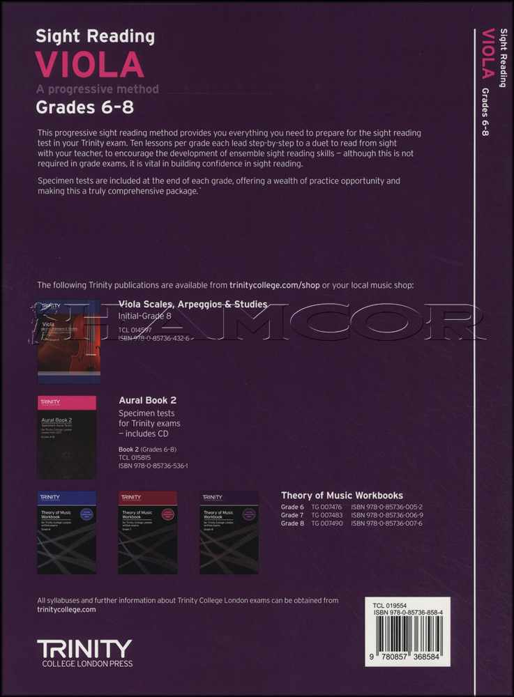 back cover of Trinity College London Viola Sight Reading Grades 6-8
