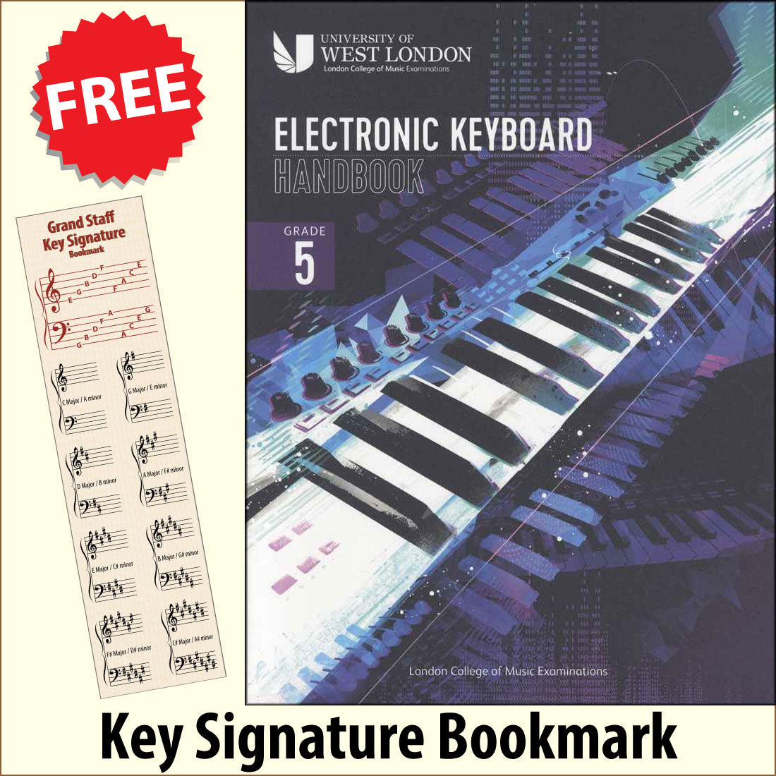 front cover of The London College of Music Electronic Keyboard Handbook Grade 5 together with free Piano Clef bookmark