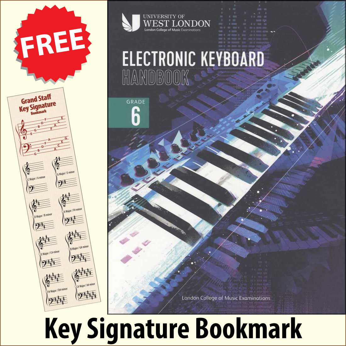 front cover of The London College of Music Electronic Keyboard Handbook Grade 6 together with free Piano Clef bookmark