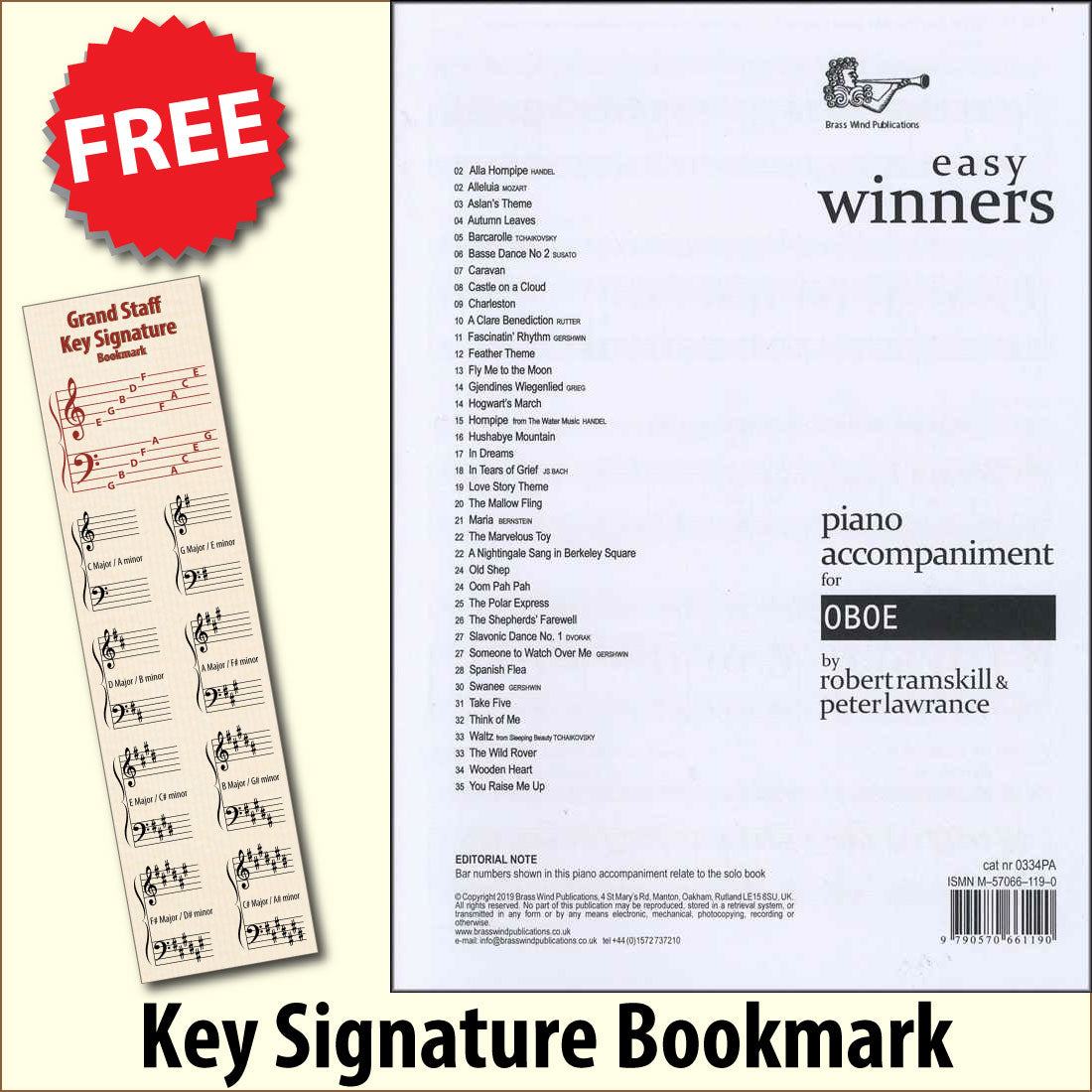 front cover of Easy Winners Piano Accompaniment for Oboe together with free Grand Staff bookmark