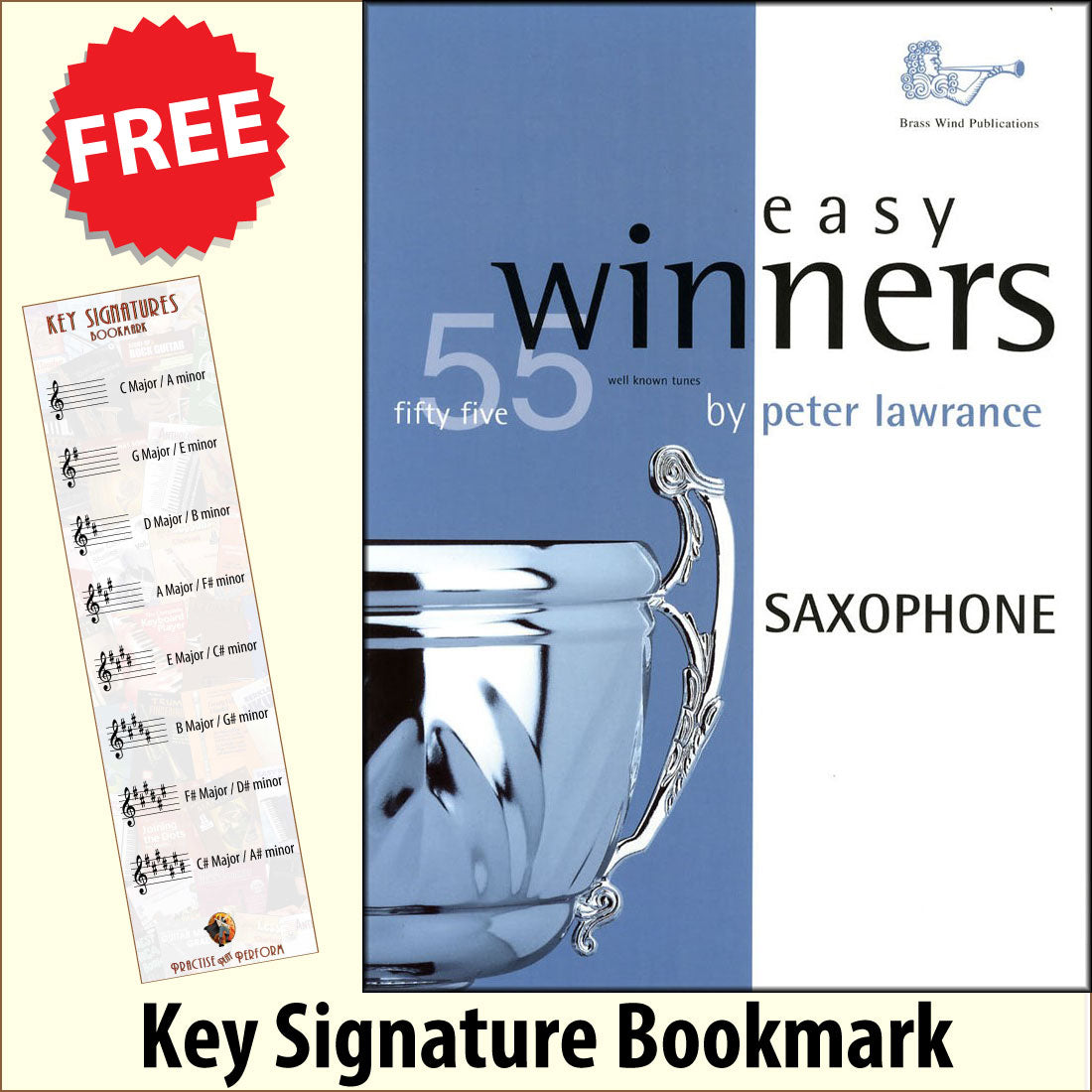 front cover of Easy Winners for Saxophone together with free Treble Clef bookmark
