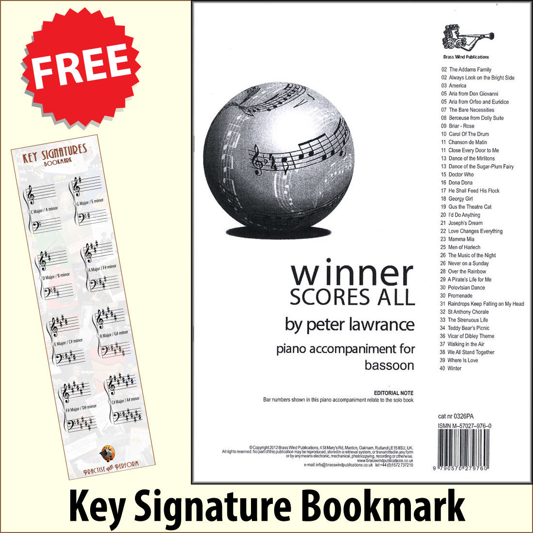 front cover of Winner Scores All Piano Accompaniment for Bassoon together with free Piano Clef bookmark