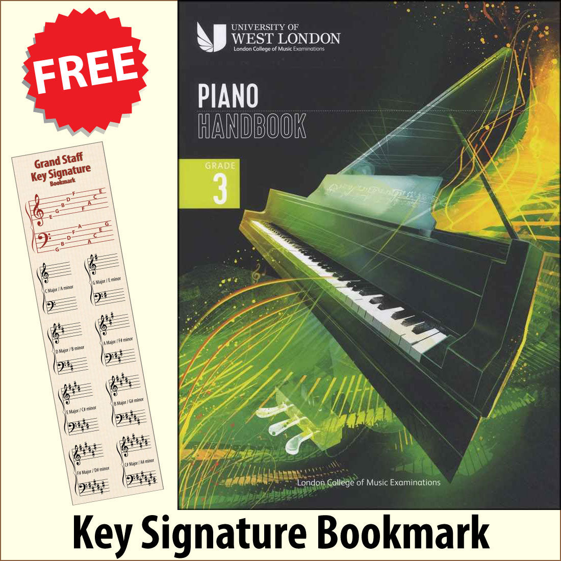 front cover of London College of Music Piano Handbook Grade 3 from 2021 together with free Piano Clef bookmark