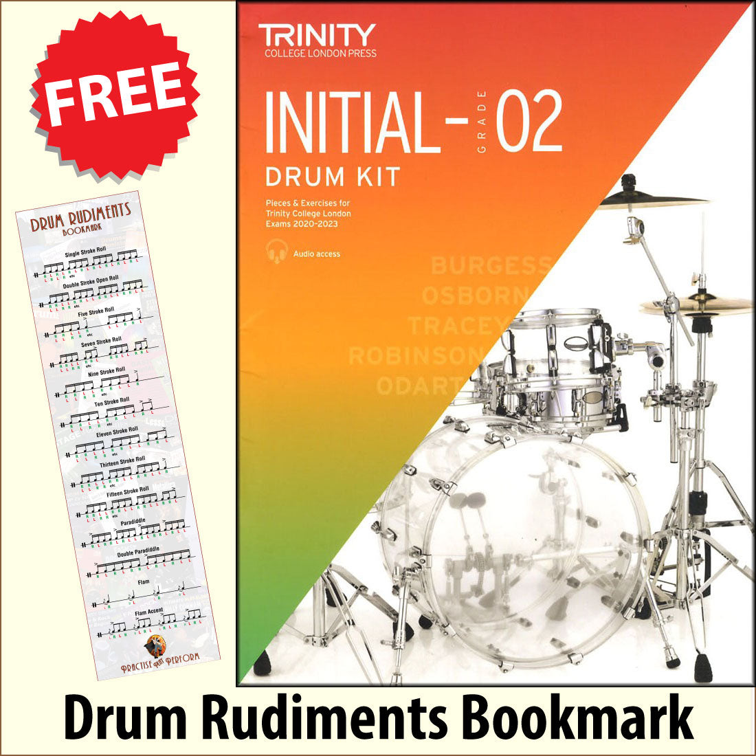 front cover of Trinity College London Drum Kit Initial-Grade 2 from 2020 together with free Drum Rudiments bookmark