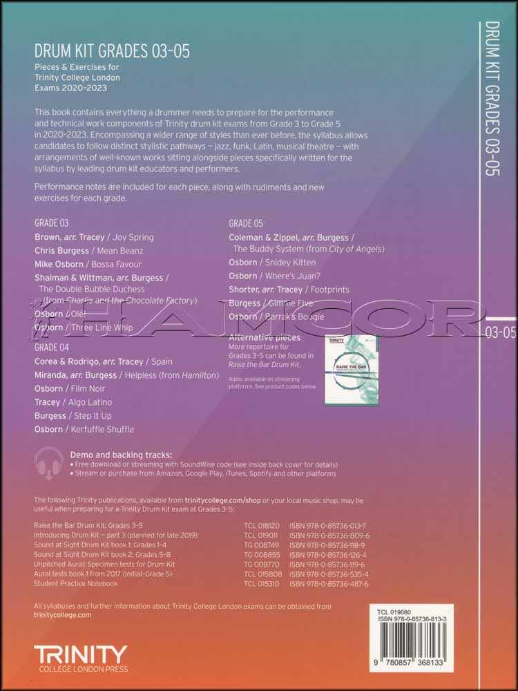 back cover of Trinity College London Drum Kit Grades 3-5 from 2020