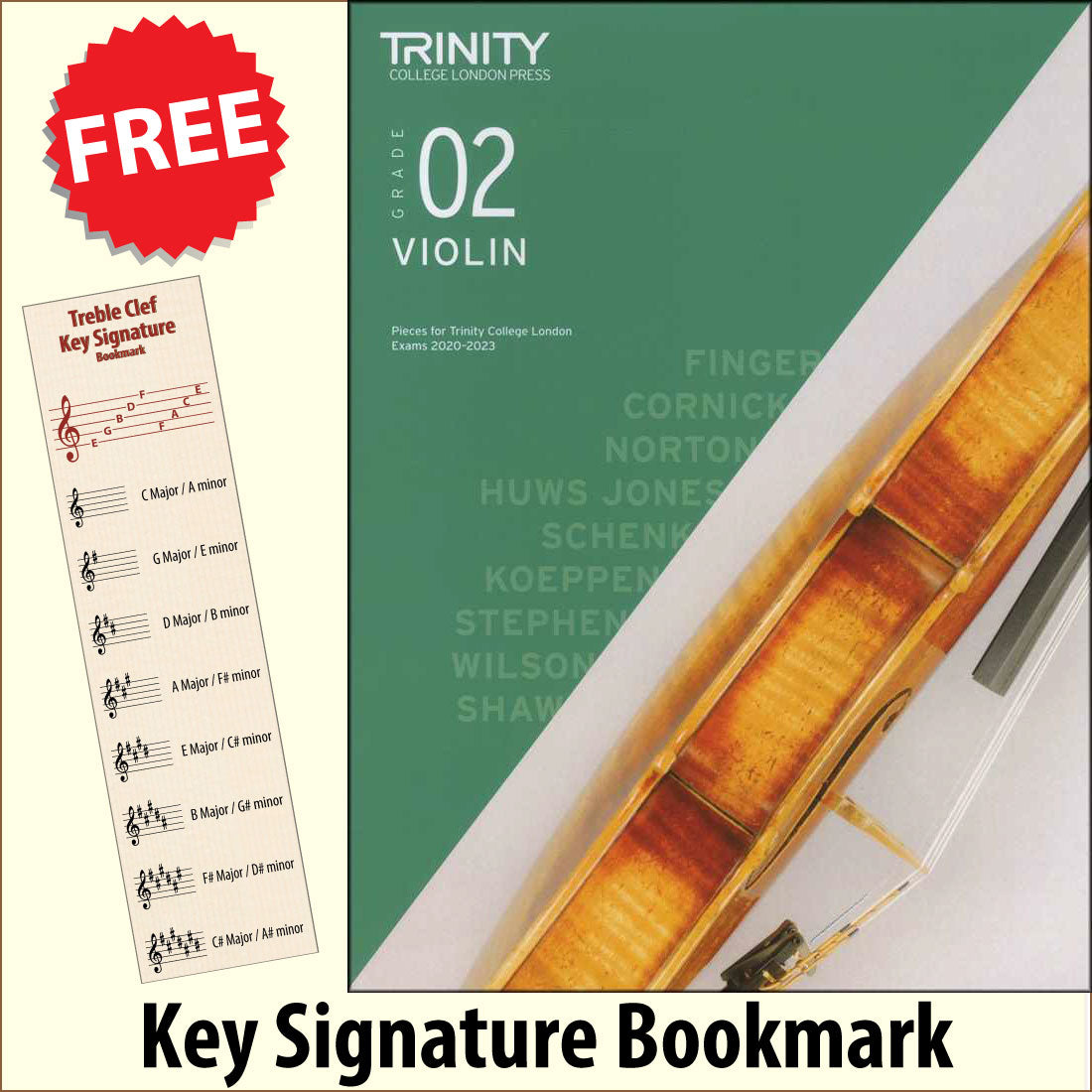 front cover of Trinity College London Violin Grade 2 (inc Piano) from 2020 together with free Treble Clef bookmark