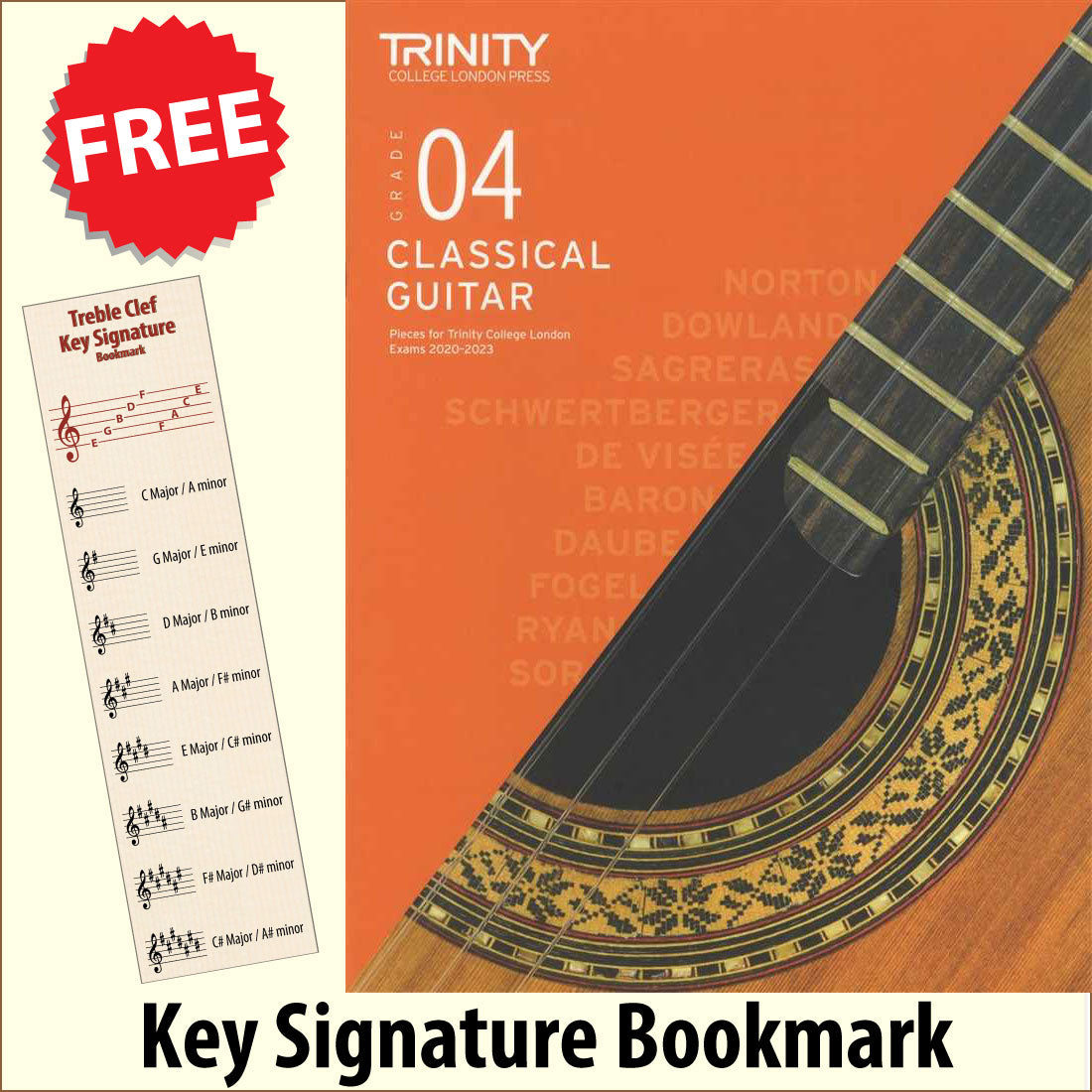 front cover of Trinity College London Classical Guitar Grade 4 from 2020 together with free Treble Clef bookmark
