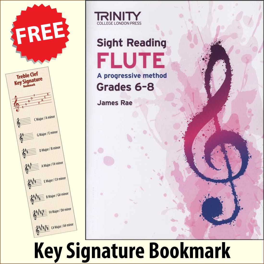 front cover of Trinity College London Flute Sight Reading Grades 6-8 together with free Treble Clef bookmark