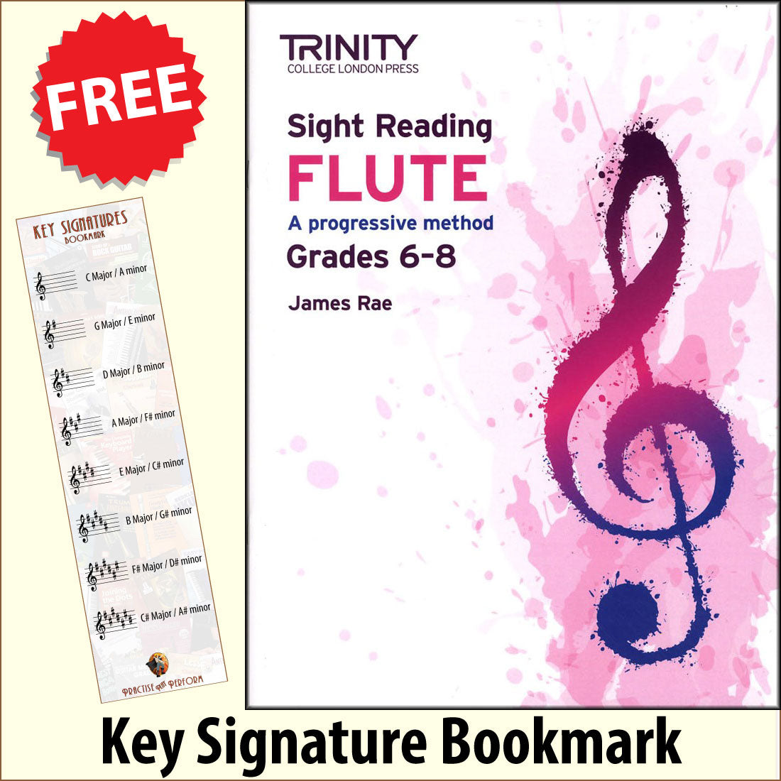 front cover of Trinity College London Flute Sight Reading Grades 6-8 together with free Treble Clef bookmark