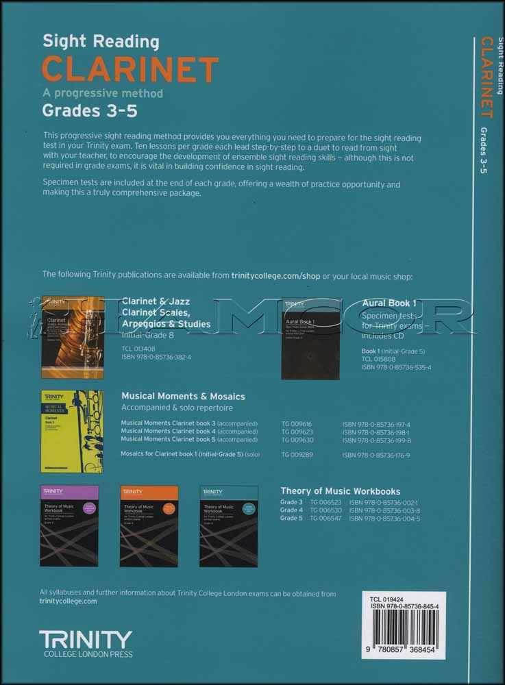 back cover of Trinity College London Clarinet Sight Reading Grades 3-5