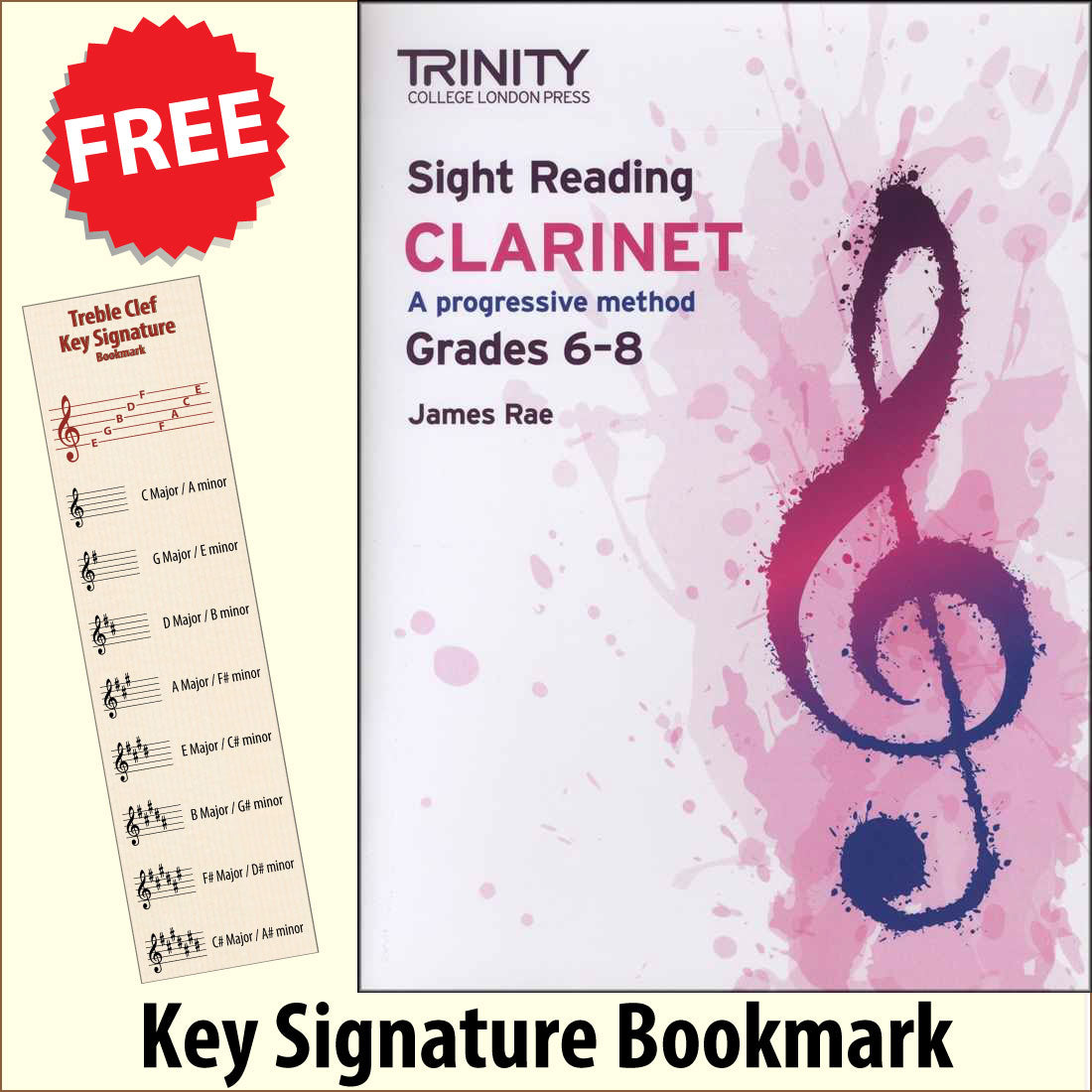 front cover of Trinity College London Clarinet Sight Reading Grades 6-8 together with free Treble Clef bookmark