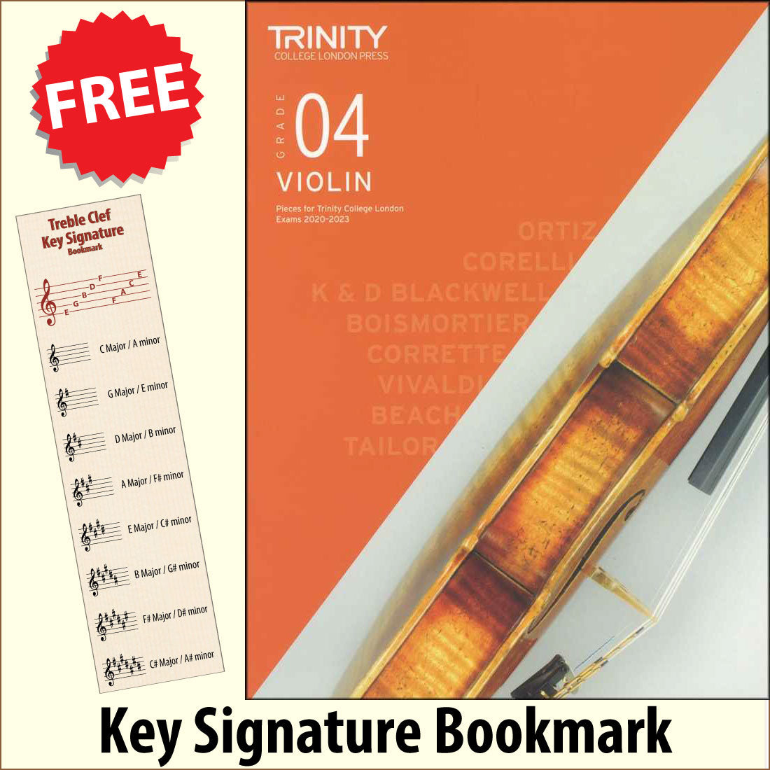 front cover of Trinity College London Violin Grade 4 (inc Piano) from 2020 together with free Treble Clef bookmark