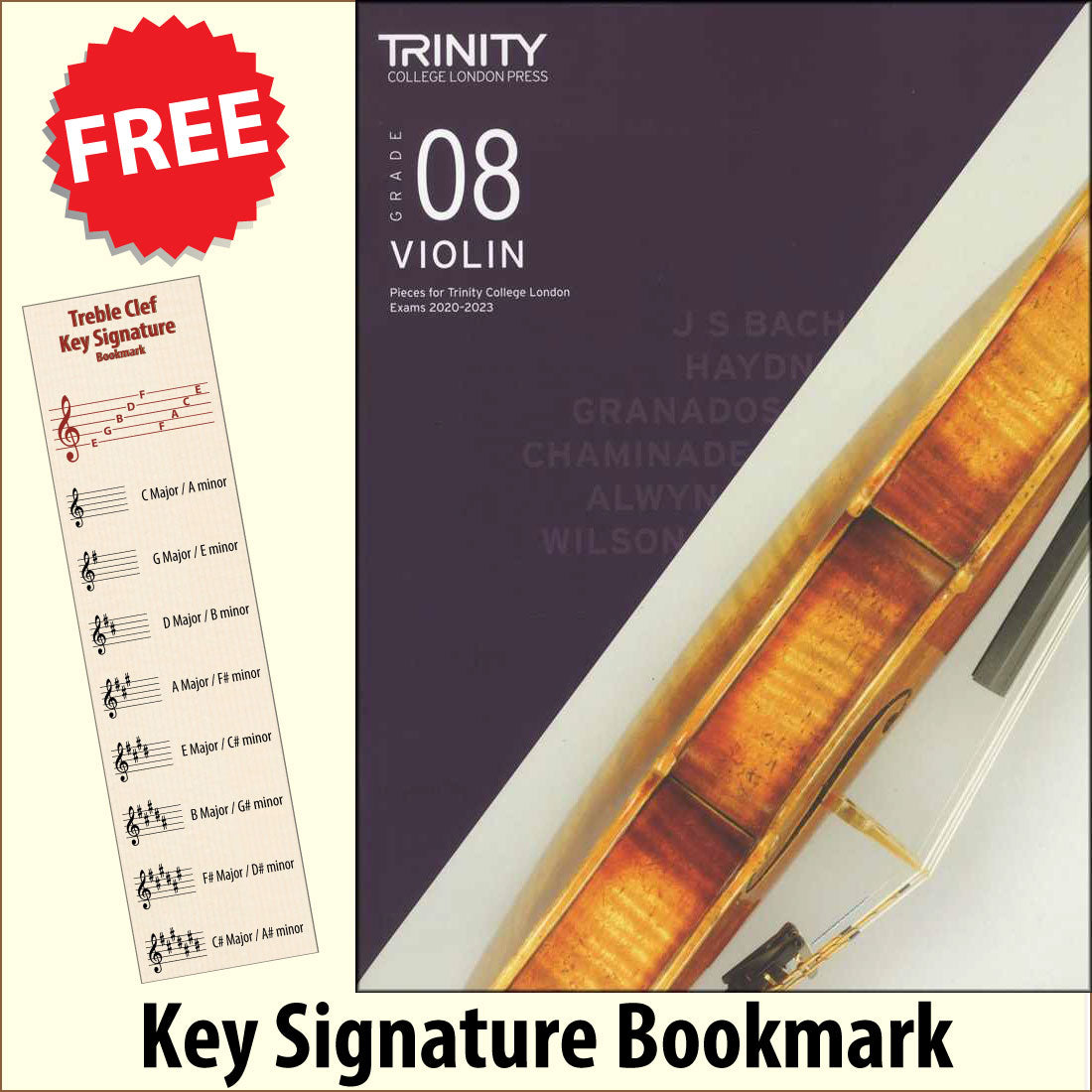 front cover of Trinity College London Violin Grade 8 (inc Piano) from 2020 together with free Treble Clef bookmark