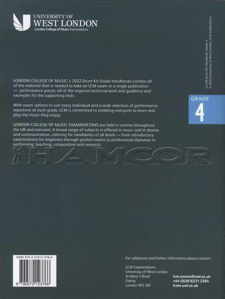back cover of London College of Music Drum Kit Handbook Grade 4 from 2022