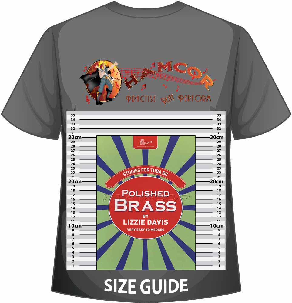front cover of Polished Brass Studies for Tuba Bass Clef by Lizzie Davis on a size guide