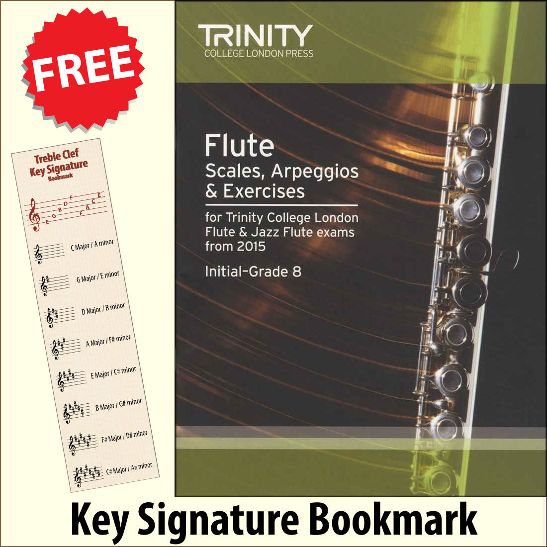 front cover of Trinity College London Flute Scales Arpeggios Exercises Grades 1-8 together with free Treble Clef bookmark