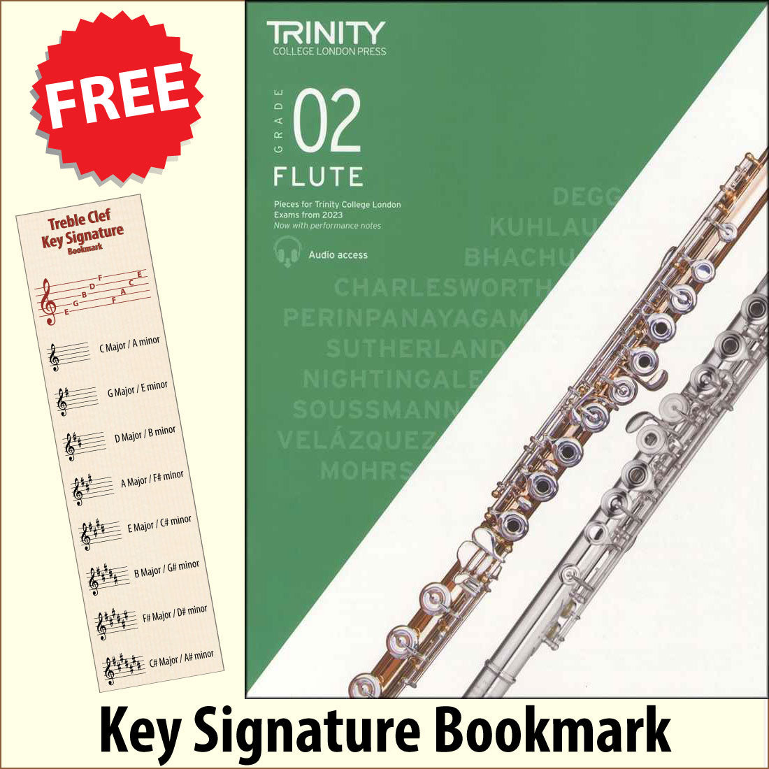 front cover of Trinity College London Flute Grade 2 from 2023 together with free Treble Clef bookmark