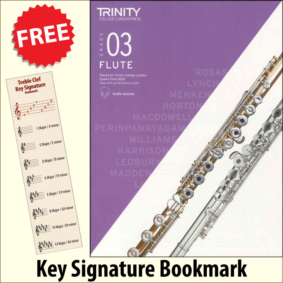 front cover of Trinity College London Flute Grade 3 from 2023 together with free Treble Clef bookmark