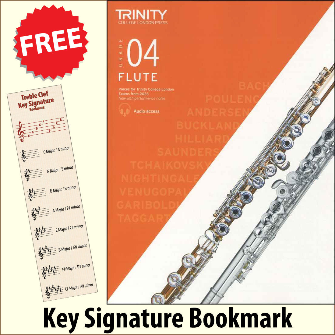 front cover of Trinity College London Flute Grade 4 from 2023 together with free Treble Clef bookmark