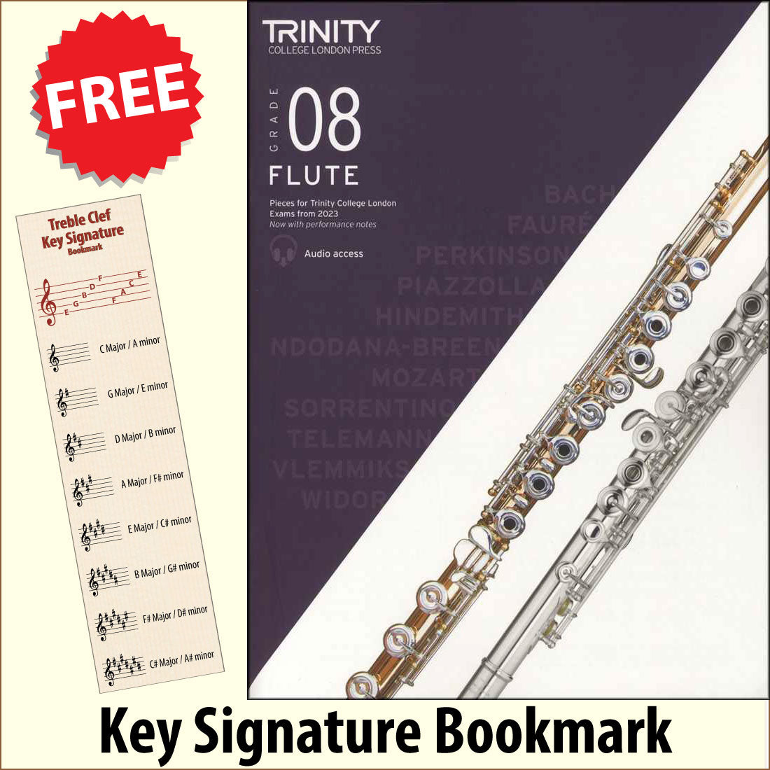front cover of Trinity College London Flute Grade 8 from 2023 together with free Treble Clef bookmark
