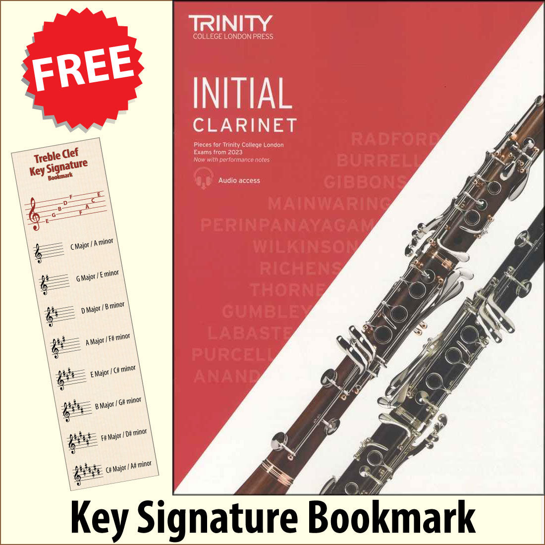 front cover of Trinity College London Clarinet Initial from 2023 together with free Treble Clef bookmark
