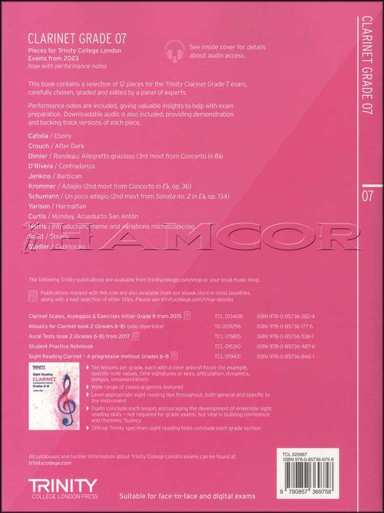 back cover of Trinity College London Clarinet Grade 7 from 2023