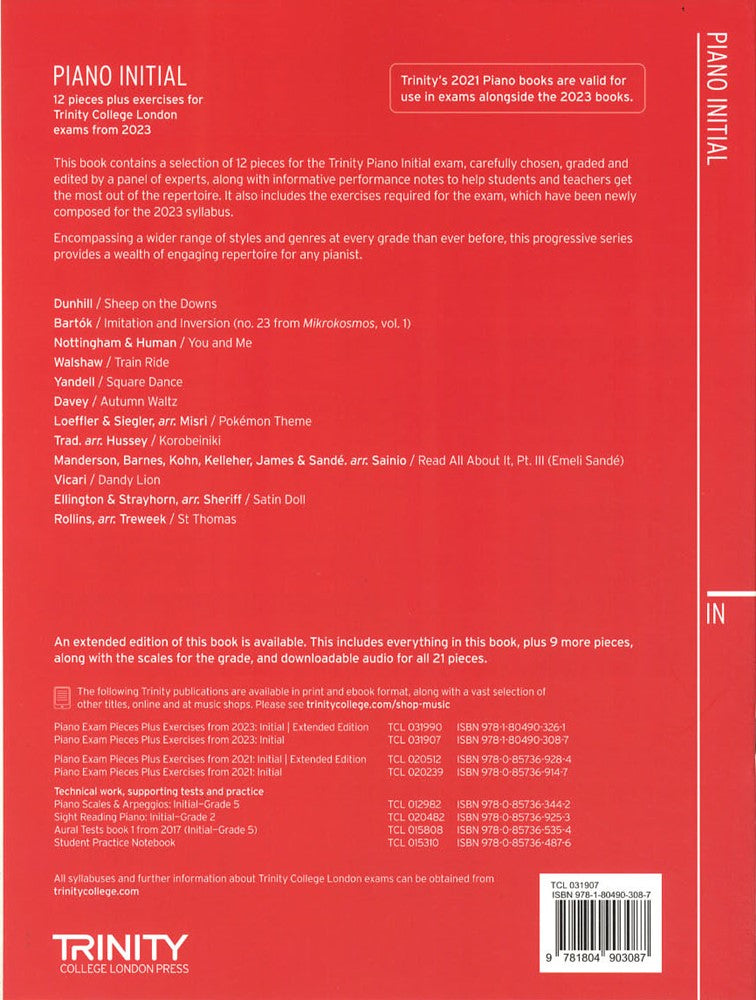 back cover of Trinity College London Piano Initial Grade from 2023