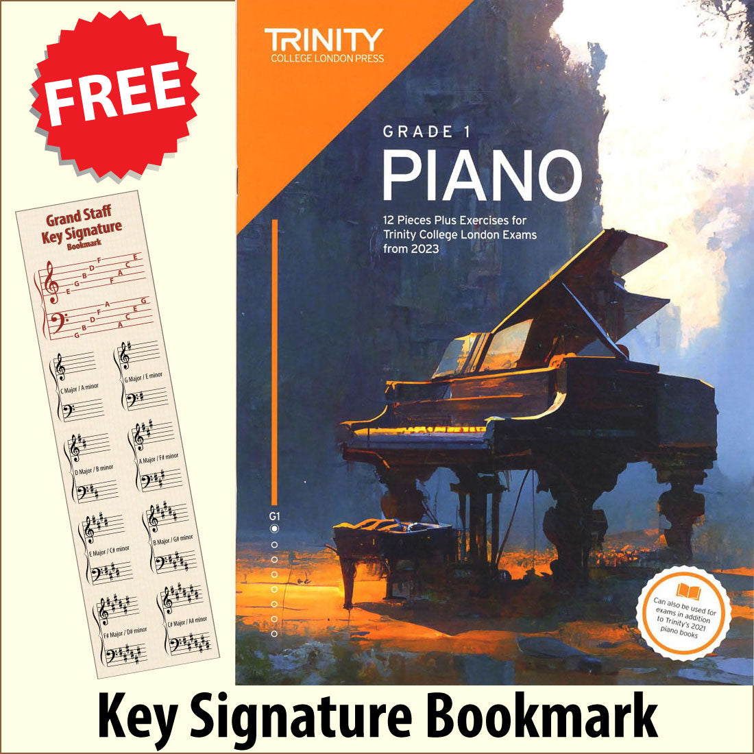 front cover of Trinity College London Piano Grade 1 from 2023 together with free Piano Clef bookmark