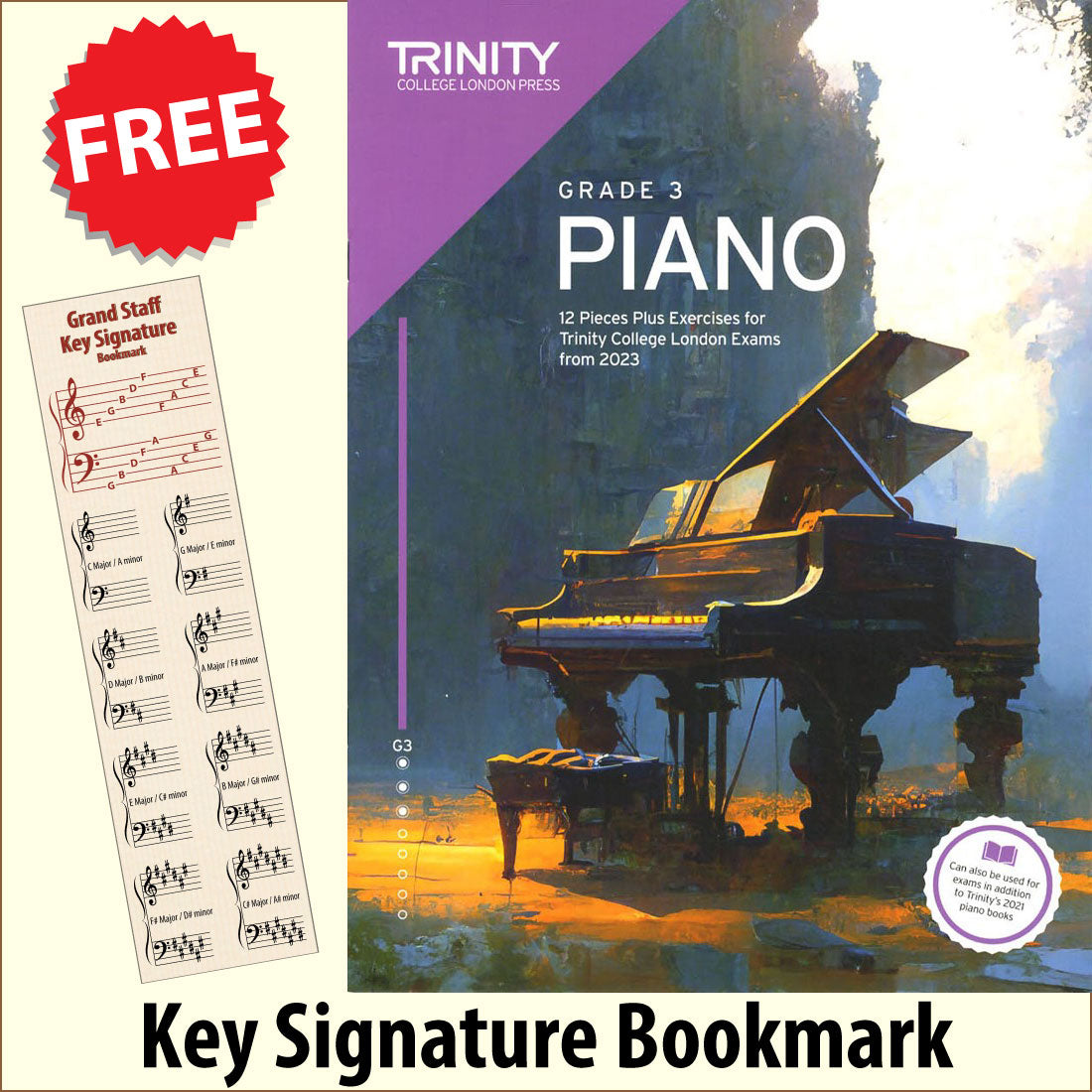 front cover of Trinity College London Piano Grade 3 from 2023 together with free Piano Clef bookmark