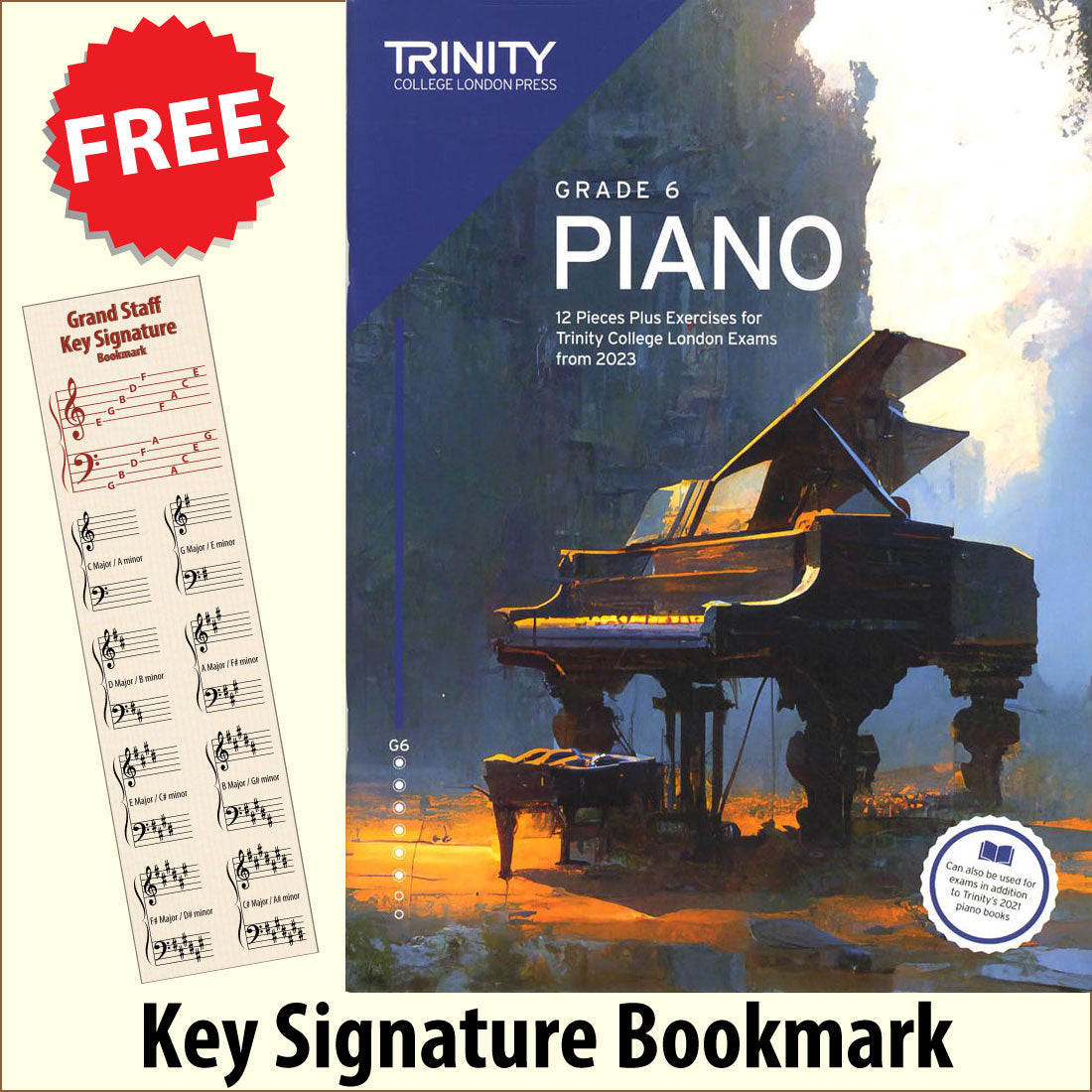 front cover of Trinity College London Piano Grade 6 from 2023 together with free Piano Clef bookmark