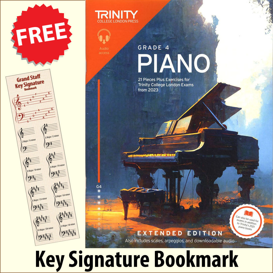 front cover of Trinity College London Piano Grade 4 from 2023 EXTENDED EDITION together with free Piano Clef bookmark