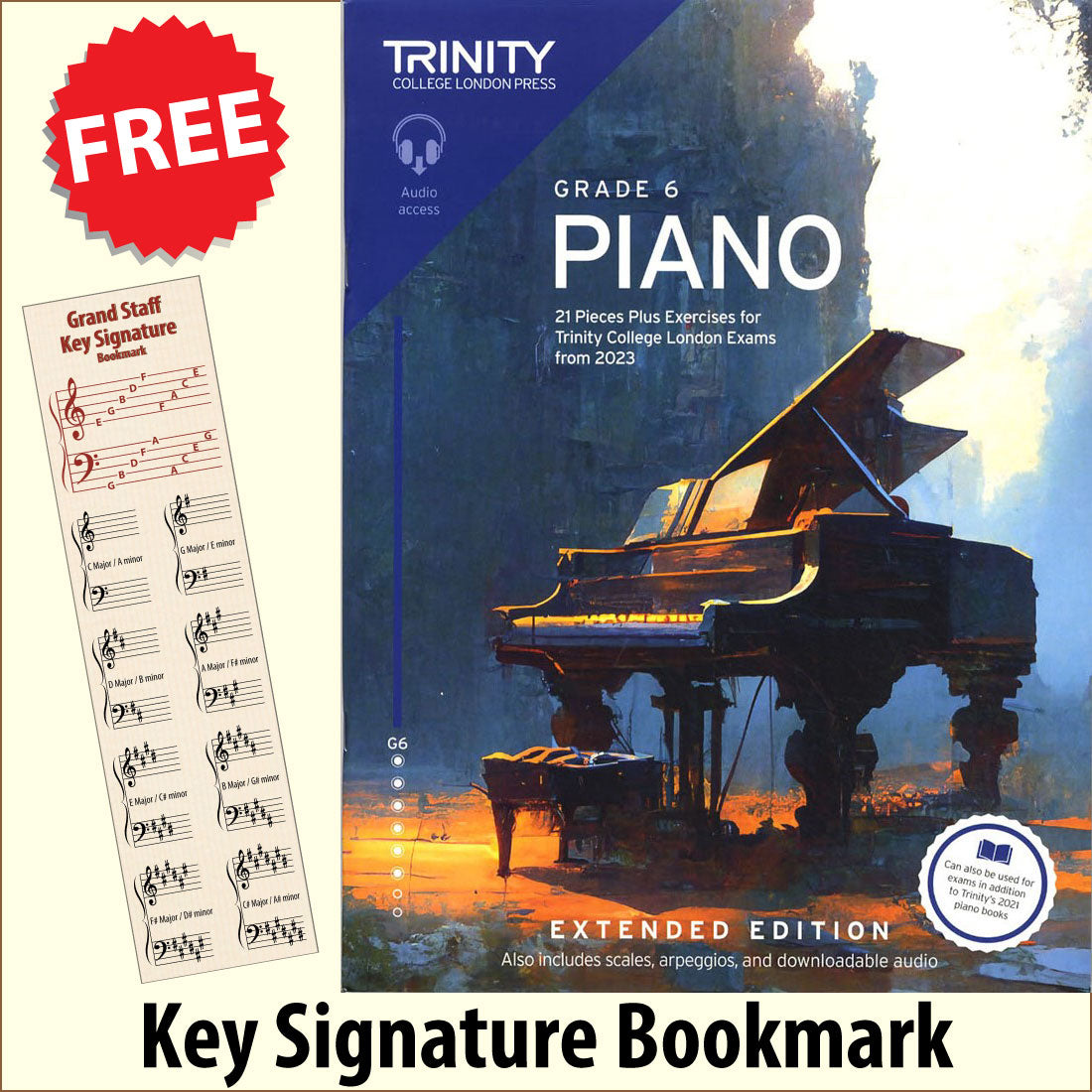 front cover of Trinity College London Piano Grade 6 from 2023 EXTENDED EDITION together with free Piano Clef bookmark