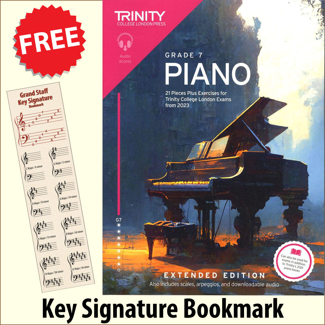 front cover of Trinity College London Piano Grade 7 from 2023 EXTENDED EDITION together with free Piano Clef bookmark
