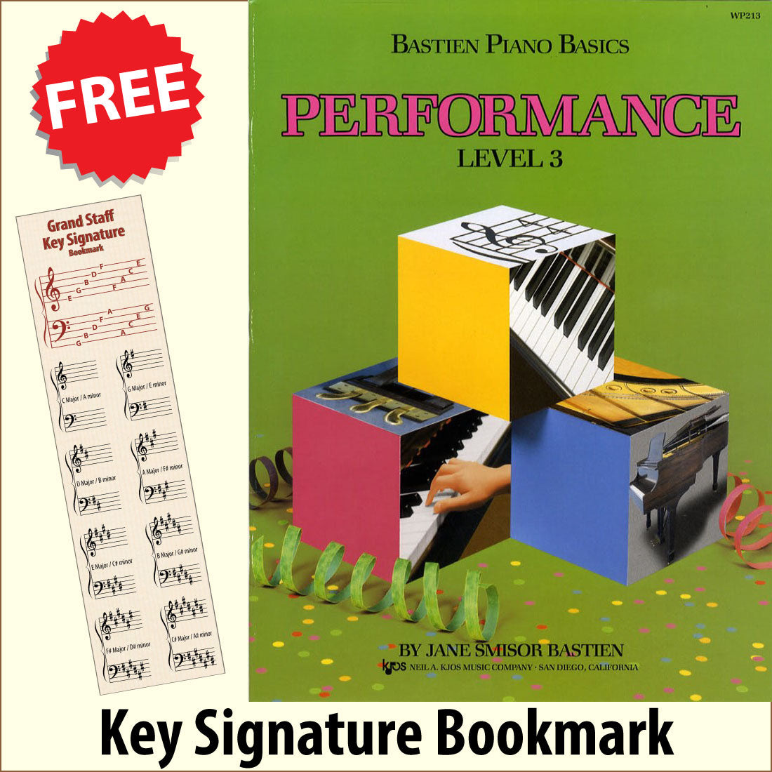 front cover of Bastien Piano Basics Performance Level 3 together with free Piano Clef bookmark