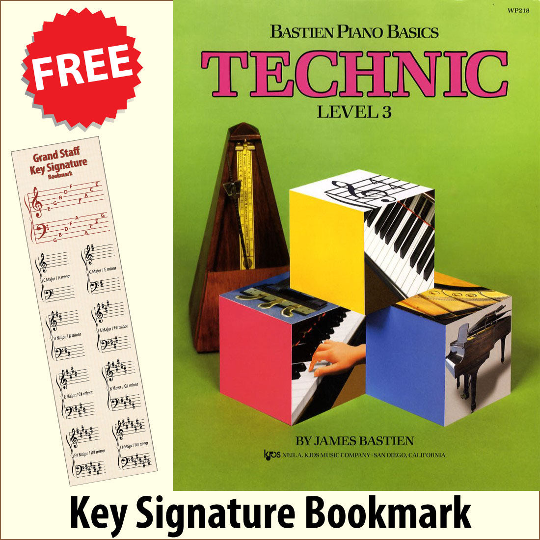 front cover of Bastien Piano Basics Technic Level 3 together with free Piano Clef bookmark