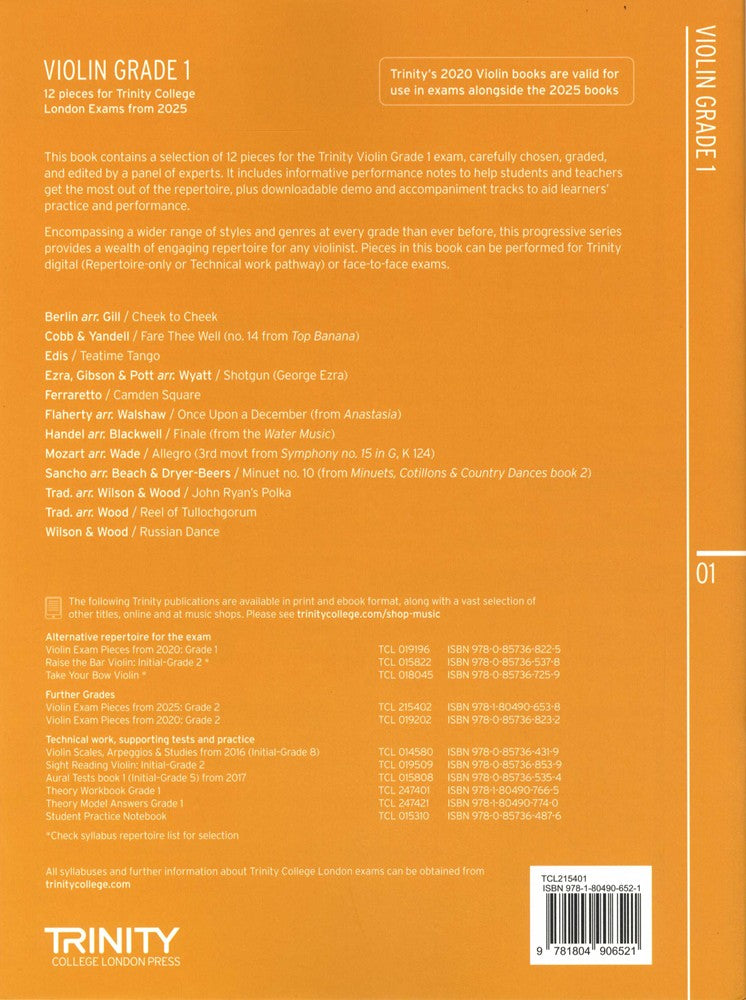 back cover of Trinity College London Violin Exam Pieces Grade 1 from 2025