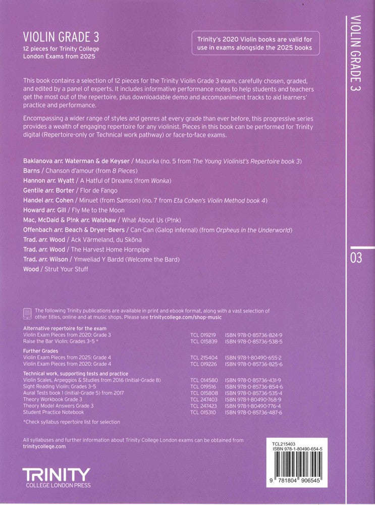 back cover of Trinity College London Violin Exam Pieces Grade 3 from 2025