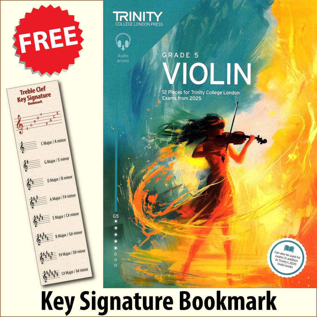 front cover of Trinity College London Violin Exam Pieces Grade 5 from 2025 together with free Treble Clef bookmark