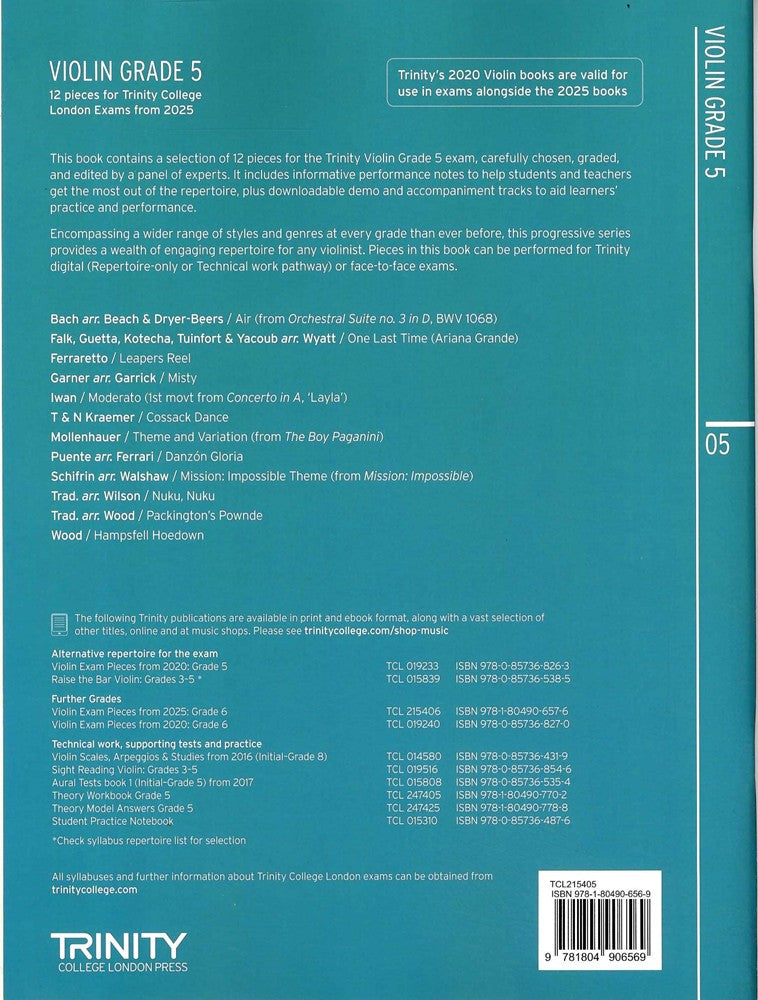 back cover of Trinity College London Violin Exam Pieces Grade 5 from 2025