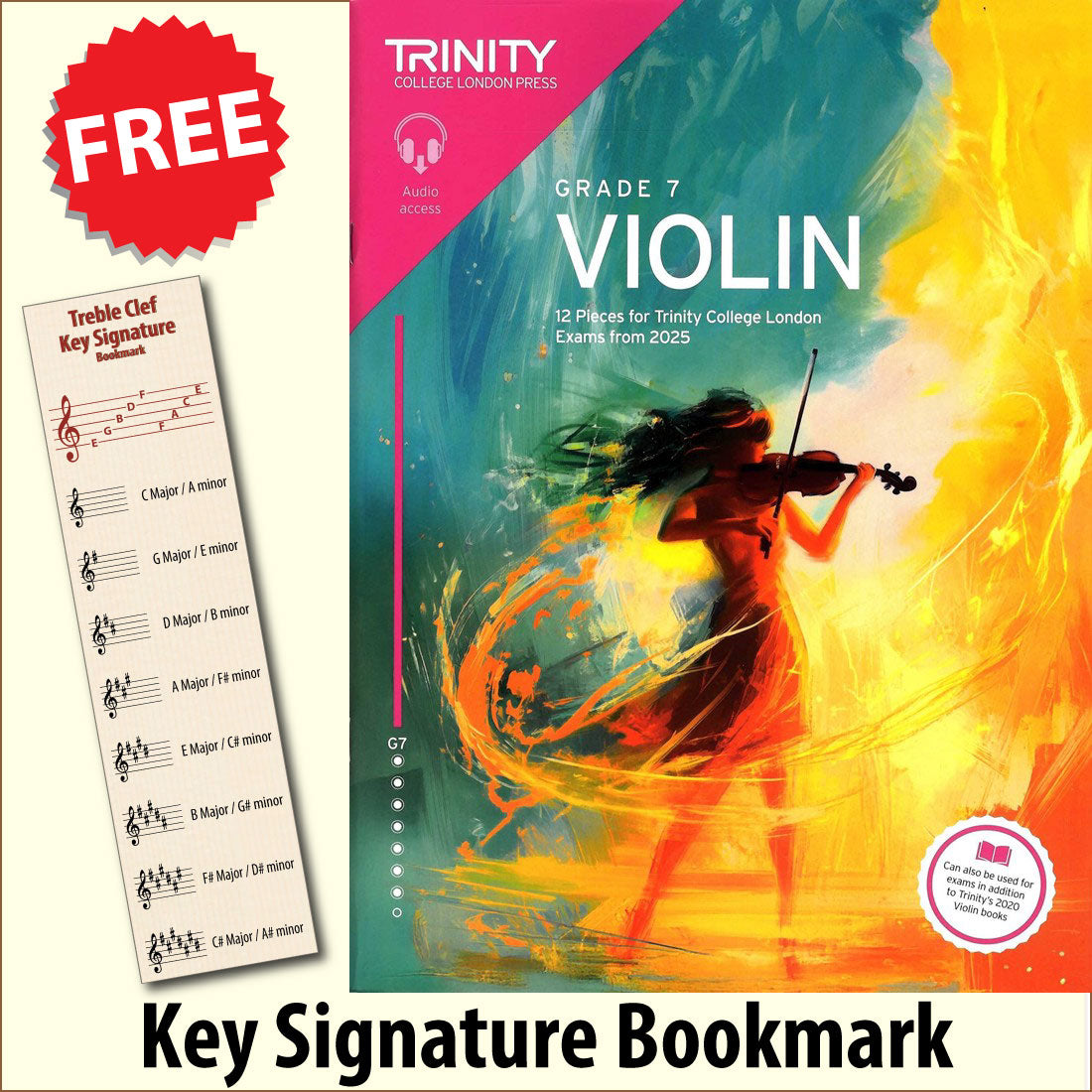 front cover of Trinity College London Violin Exam Pieces Grade 7 from 2025 together with free Treble Clef bookmark