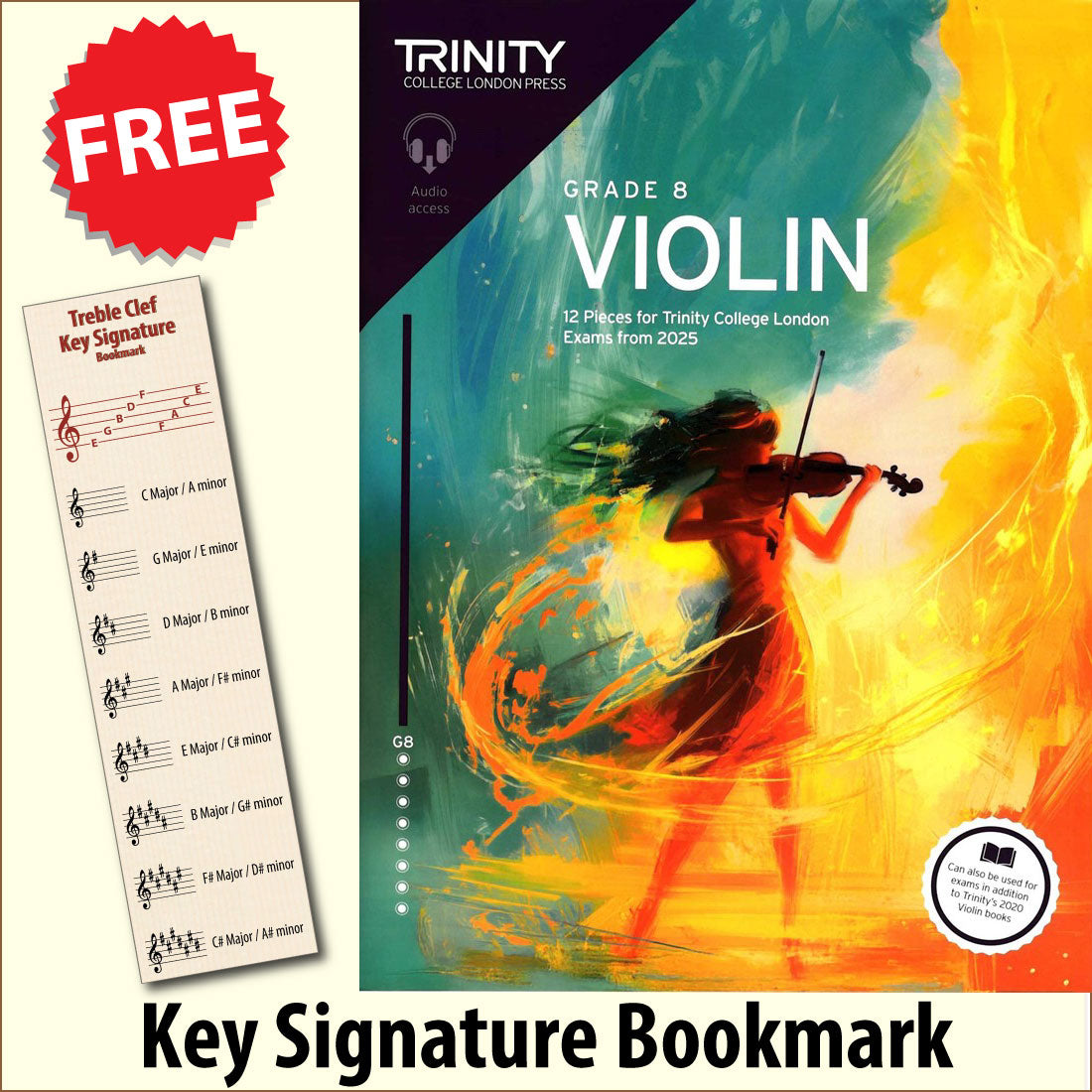 front cover of Trinity College London Violin Exam Pieces Grade 8 from 2025 together with free Treble Clef bookmark