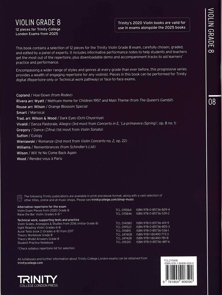 back cover of Trinity College London Violin Exam Pieces Grade 8 from 2025
