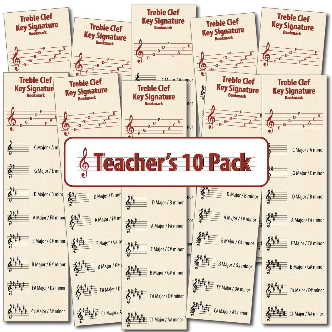 Front of the Hamcor Bookmark showing the names of the lines and spaces, plus all the sharp key signatures with both Major and relative minor names, plus another 9 bookmarks fanned out on the left