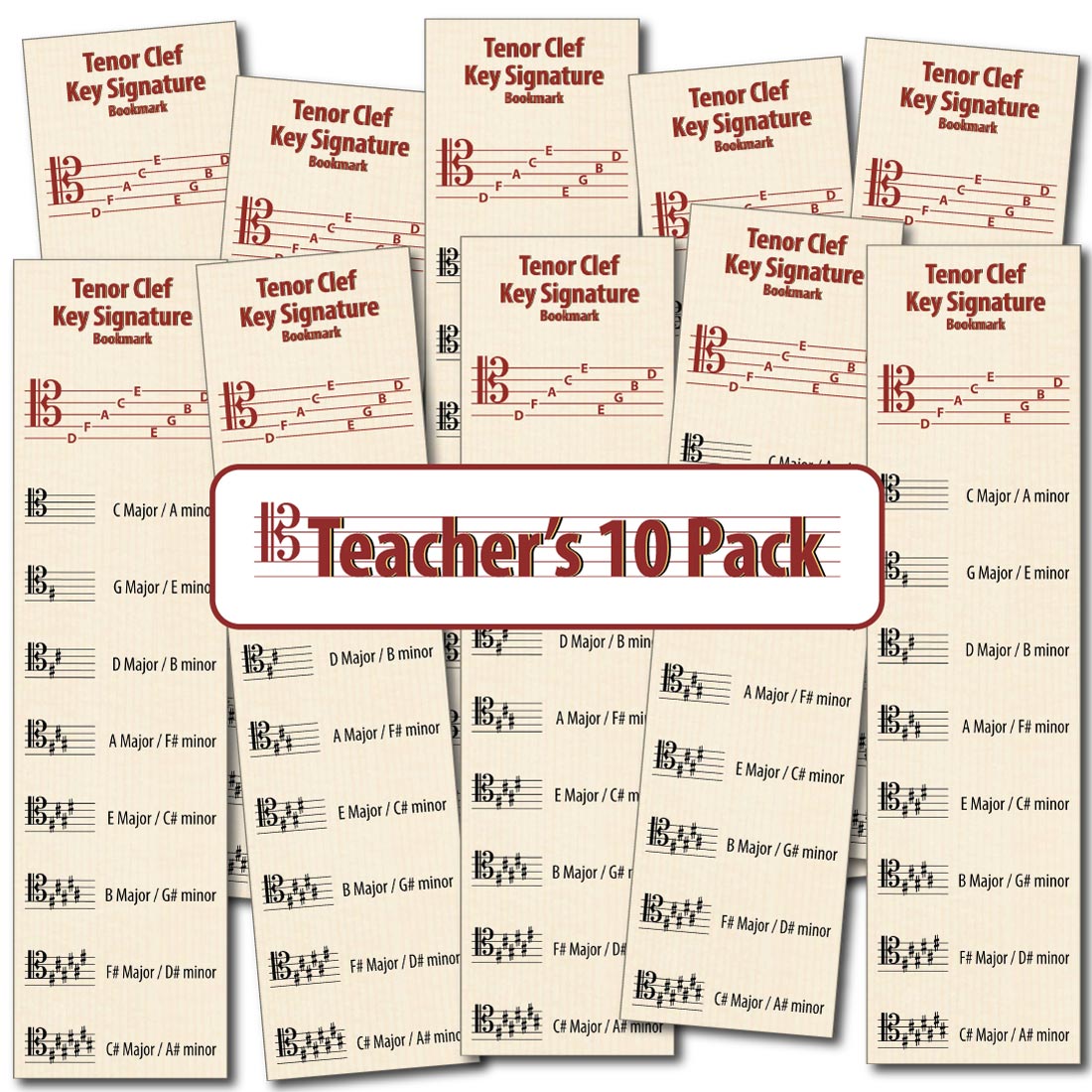 Front of the Hamcor Bookmark showing the names of the lines and spaces, plus all the sharp key signatures with both Major and relative minor names, plus another 9 bookmarks fanned out on the left