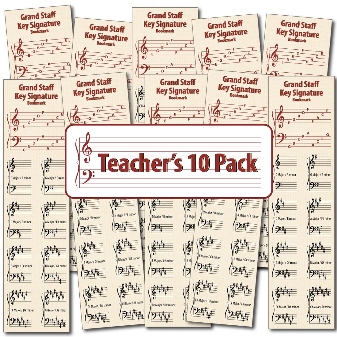 Front of the Hamcor Bookmark showing the names of the lines and spaces, plus all the sharp key signatures with both Major and relative minor names, plus another 9 bookmarks fanned out on the left