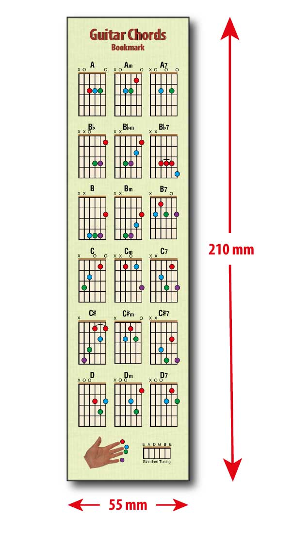 A single Guitar Chords bookmark with the dimensions beside and below it, showing height of 210mm and width of 55mm